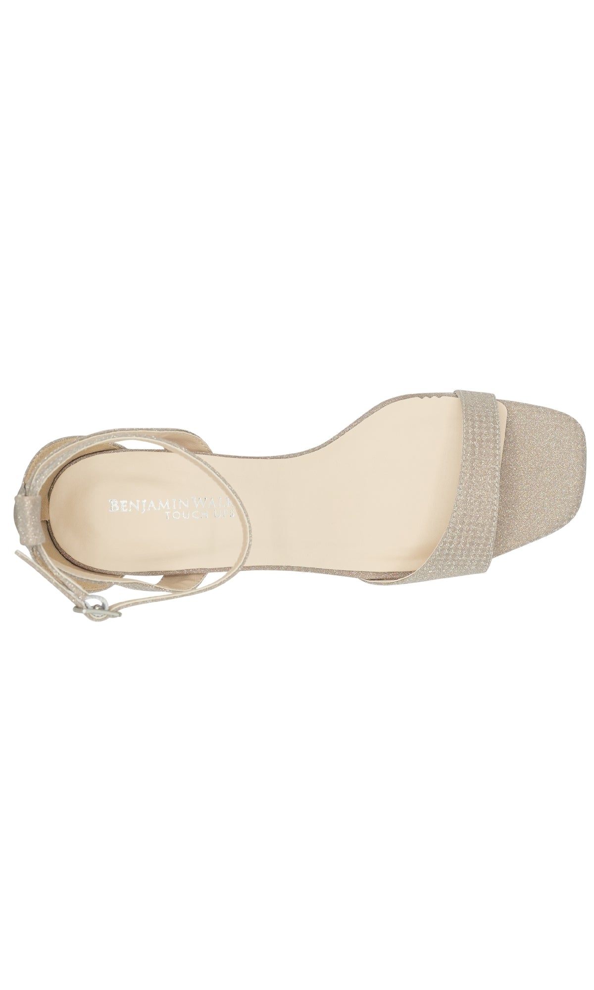 Top view of the Lilibet Champagne Prom Shoes by Touch Ups 4670—an open-toe sandal with a single front strap, ankle buckle, and cushioned insole. Perfect low-heel choice for prom, offering comfort and elegance.